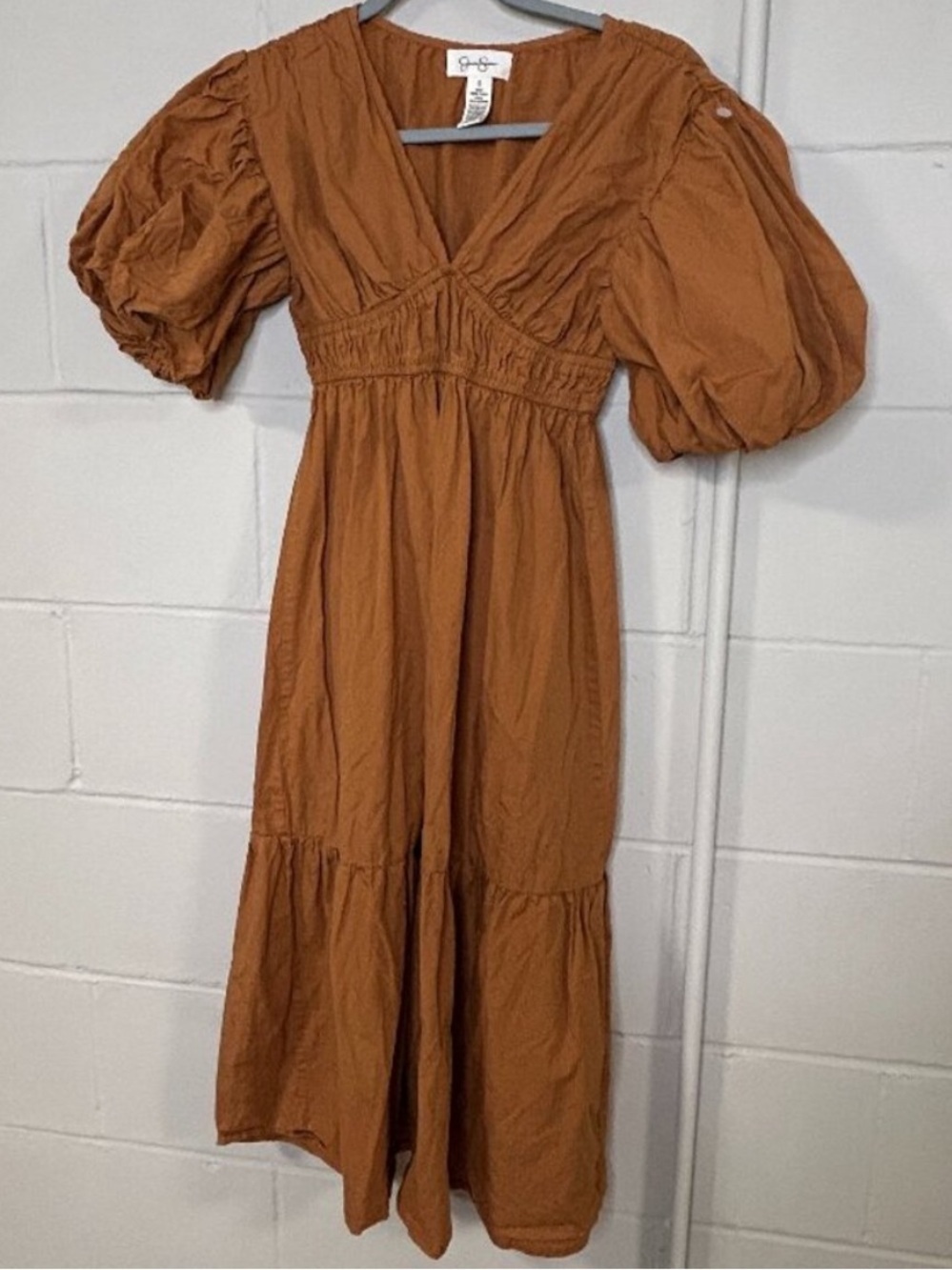 Jessica Simpson Dress Small Midi Puff Sleeves Milkmaid Babydoll Tiered Cotton